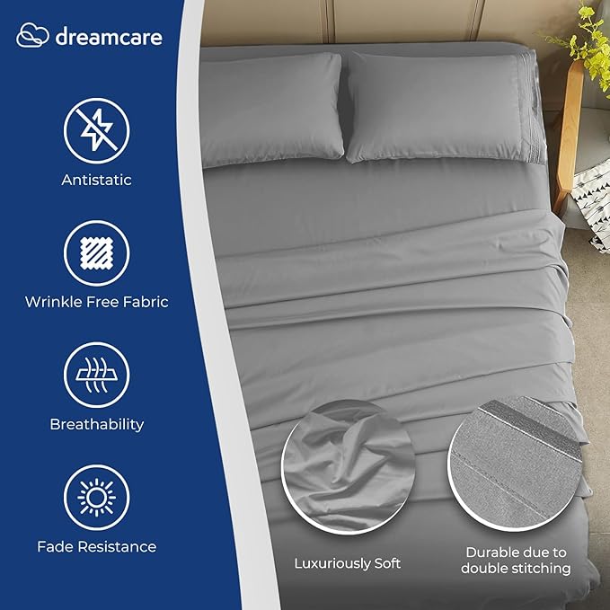 DREAMCARE Twin XL Sheet Sets - Cooling Bed Sheets - 4pcs Set - up to 15" Deep Pocket Twin XL Sheets - XL Twin Sheet Set – Soft & Long Lasting 100% Fine Brushed Polyester with Side Pocket - Light Gray