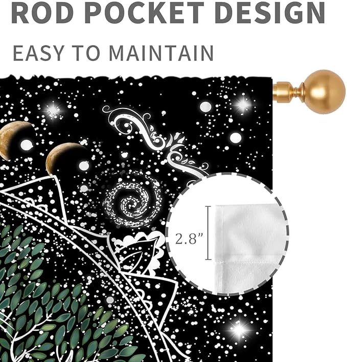 Life Tree Curtains, Hippie Sun Moon Trippy Tree of Life Bohemian Mandala Aesthetci Mystic Witchy Blackout Window Drapery Treatments for Bedroom Living Room Bathroom Decor, 55"x63" Inch