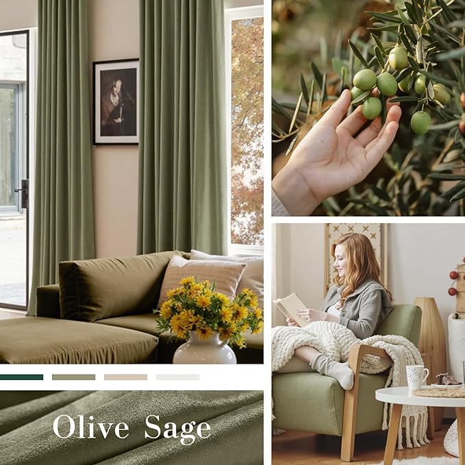 Lazzzy Velvet Blackout Curtains Thermal Insulated Room Window Drapes Super Soft Luxury Curtains for Living Room Bedroom Rod Pocket 2 Panels, Olive Sage, 62" W x 120" L