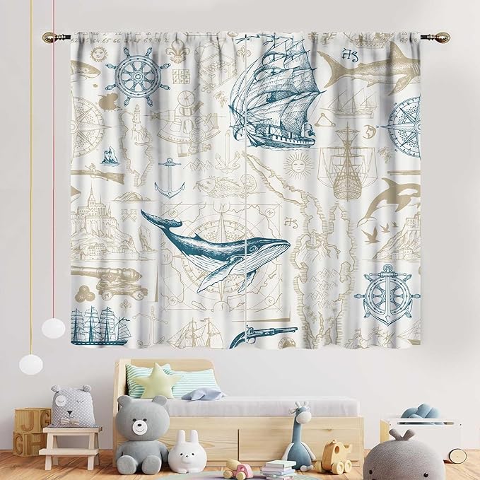 Vintage Nautical Curtains, Marine Coastal Sailboat Compass Anchor Ocean Beach Whale Old Pirate Map Decorative Drapes for Bedroom Living Room Kitchen Bathroom Window 2 Panels Set, 55"x63" Inch
