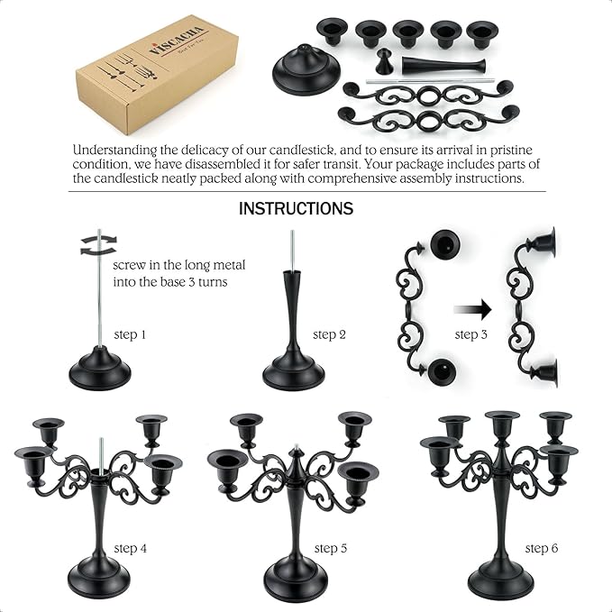 Brass Candle Holder，5 Wicks Metal Candle Holders for Taper Candles（10.6 inch Tall Candelabra, for 1/2-1 inch Pillar Candles Diameter Each）,Centerpiece Elegant Decoration Piece for Table
