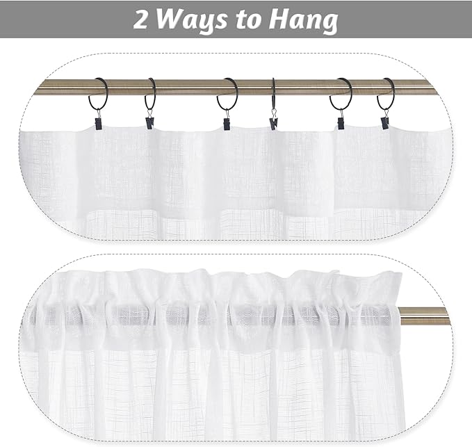 RYB HOME White Linen Curtains for Living Room Bathroom Kitchen, Rod Pocket Semi Translucent Breathable Home Decor Short Small Window Drapes, W 34 x L 45 inches, White, 2 Panels