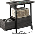 LIDYUK End Table with Charging Station, Narrow Side Table with Drawer and USB Ports & Power Outlets, Nightstand Bedside Tables for Small Spaces, Bedroom, Living Room, Dark Grey