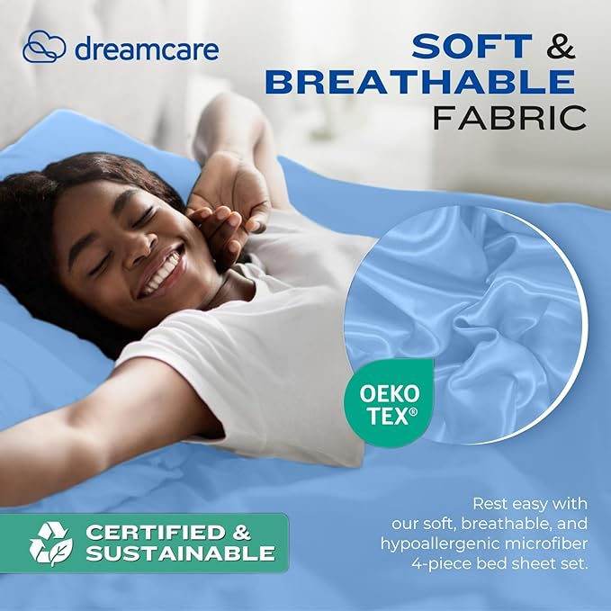 DREAMCARE Twin XL Sheet Set - Cooling Bed Sheets - 4pcs Set - up to 15" Deep Pocket - Soft & Long Lasting 100% Fine Brushed Polyester with Side Pocket - Light Blue