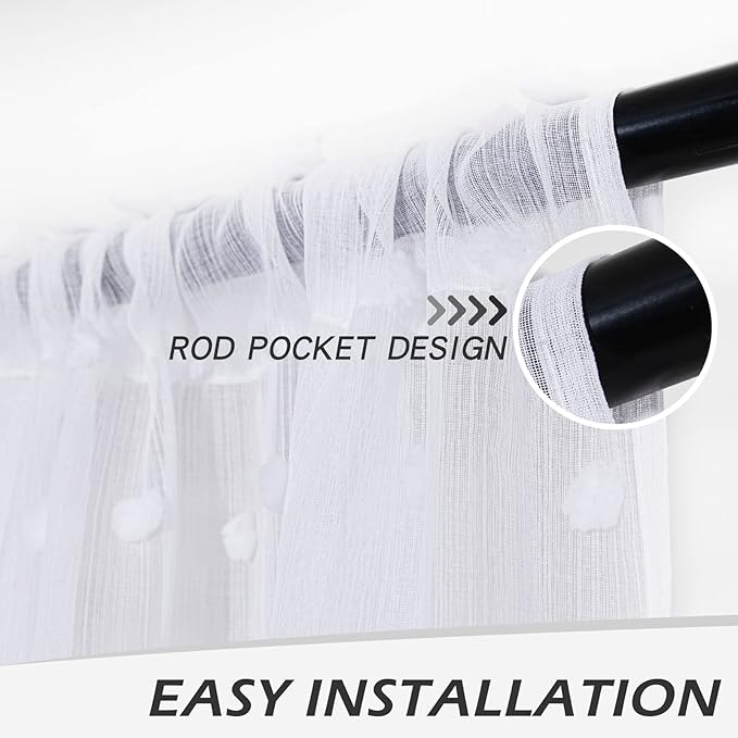 MYSKY HOME Living Room Pom Pom Sheer Curtains - White, Light Filtering, 95Inch Length, Rod Pocket, 52 x 95 inch, 2 Pieces