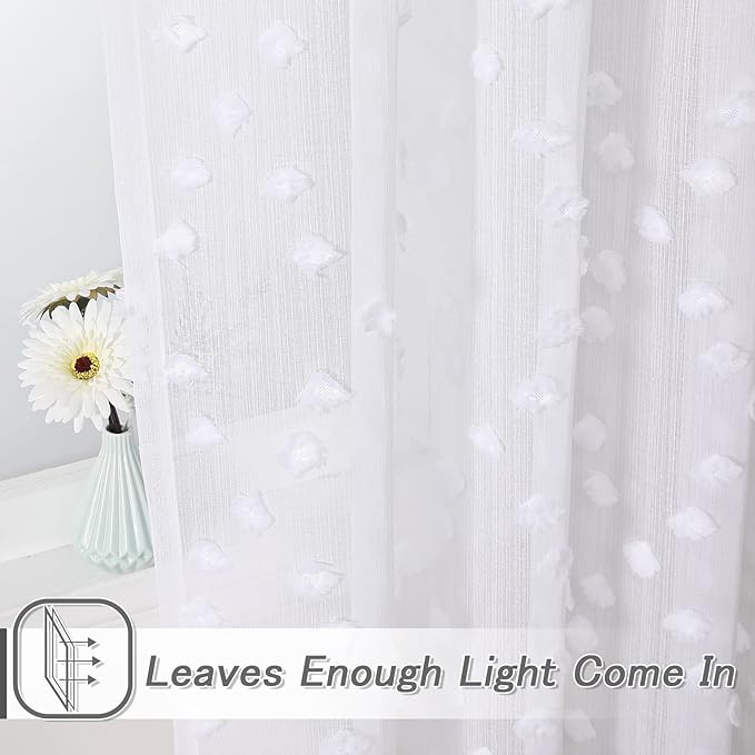 MYSKY HOME White Sheer Short Curtains with Pom Pom for Small Windows Bedroom Nursery Kids Girls Room Curtains Cafe Kitchen Light Filtering Boho Drapes, Rod Pocket,52 x 54 Inches, 2 Panels