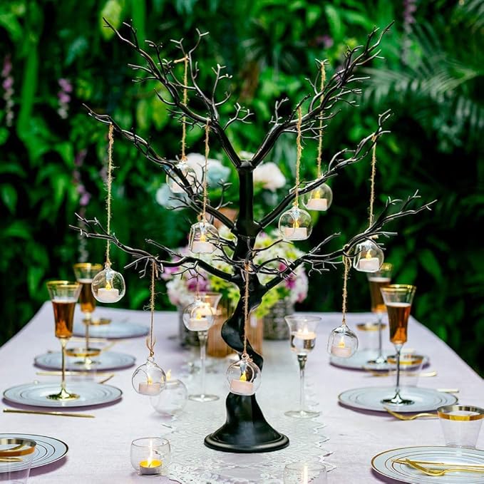 Sziqiqi Hanging Glass Globes Orbs Tea Light Candle Holders with Flameless LED Tealight for Wedding Ornaments, Wedding Birthday Christmas Party Centerpiece Accessory 2.36inch 10pcs +2 Extra