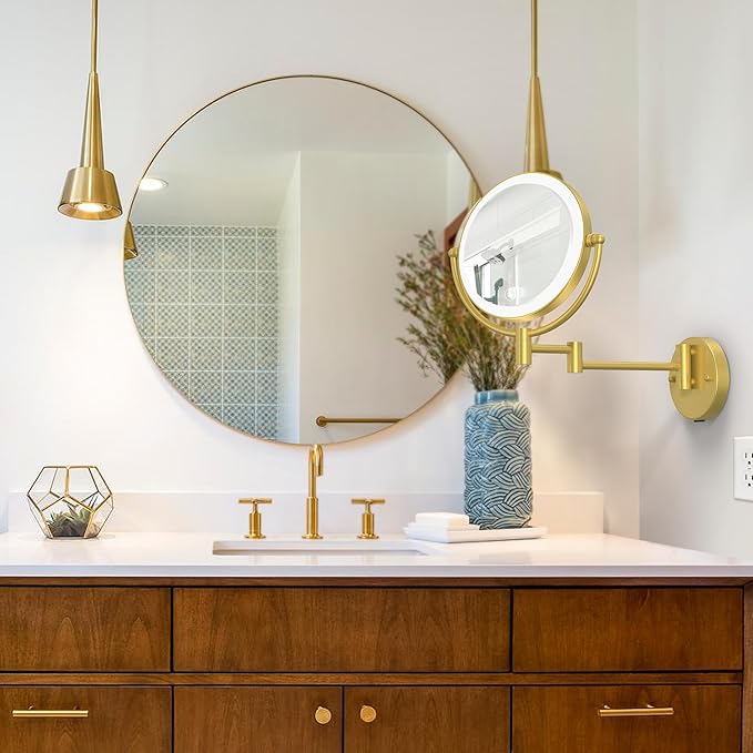 Rechargeable Wall Mounted Lighted Makeup Mirror with Magnification Gold, 8 Inch 1X/10X Magnifying Two Sided Led with Lights, 360 Swivel Extendable Shaving Mirror for Bathroom, Brushed Gold