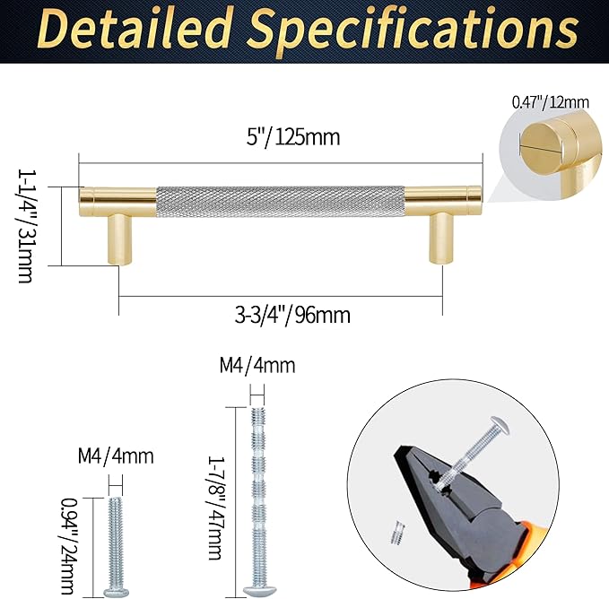 Knurled Cabinet Pulls 6 Pack, 5 Inch Long Cabinet Handles Metal Door Pulls, Kitchen Drawer Pull Knurled Dresser Handles - 3 3/4" Hole to Hole, Grey & Gold