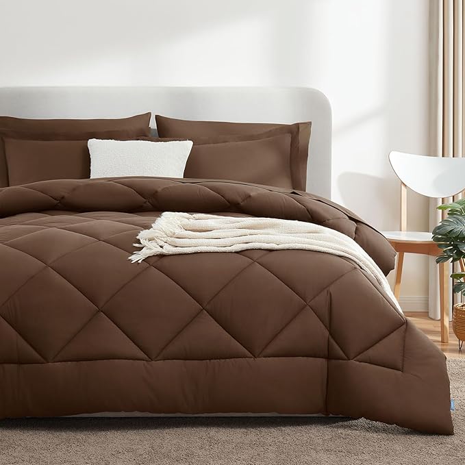CozyLux Queen Comforter Set Brown - Bed in a Bag Queen Size 7 Pieces, Luxury Soft Bed Set for All Seasons, Bedding Set with Down Alternative Comforter, Sheets, Pillowcases & Shams