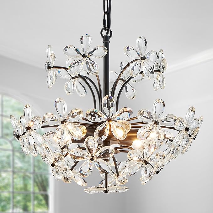 WUZUPS Crystal Chandelier Pendant Flushmount Ceiling Light Modern Lighting Fixture for Bedroom Hallway Bar Kitchen Bathroom, H 15.7" x W 17.7", Black, E12 Base