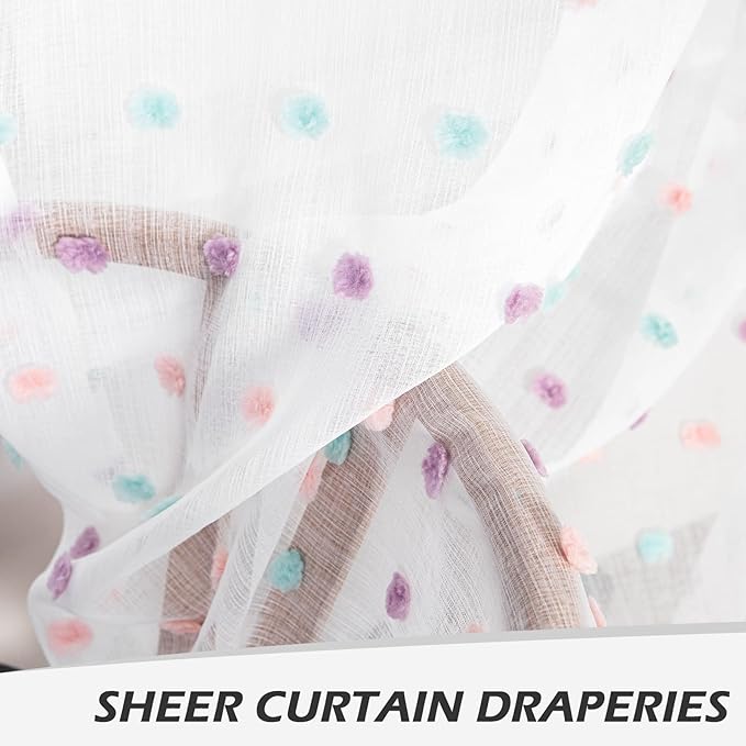 MYSKY HOME Pom Pom Curtains for Girls Bedroom Rainbow Nursery Curains for Boys Kids Room Colorful White Sheer Curtains for Living Room Playroom Rod Pocket Window 52" x 63" Set of 2