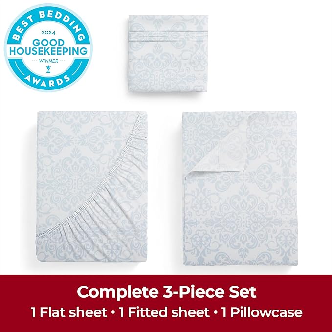 Mellanni Extra Deep Twin XL Sheets - 3 PC Iconic Collection Bedding - Luxury, Ultra Soft, Cooling Bed Sheets - Wrinkle, Fade, Stain Resistant (Twin Extra Long, Laced Sky Blue)