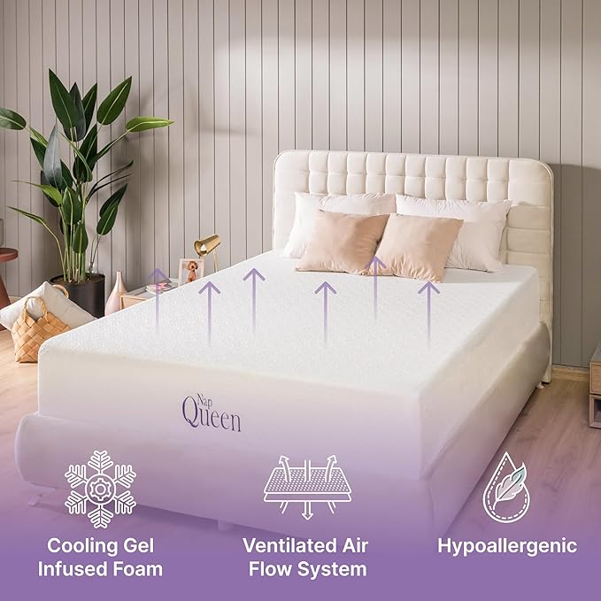 NapQueen 10 Inch Cooling Gel Full Size Medium Firm Memory Foam Mattress, Bed in a Box, White
