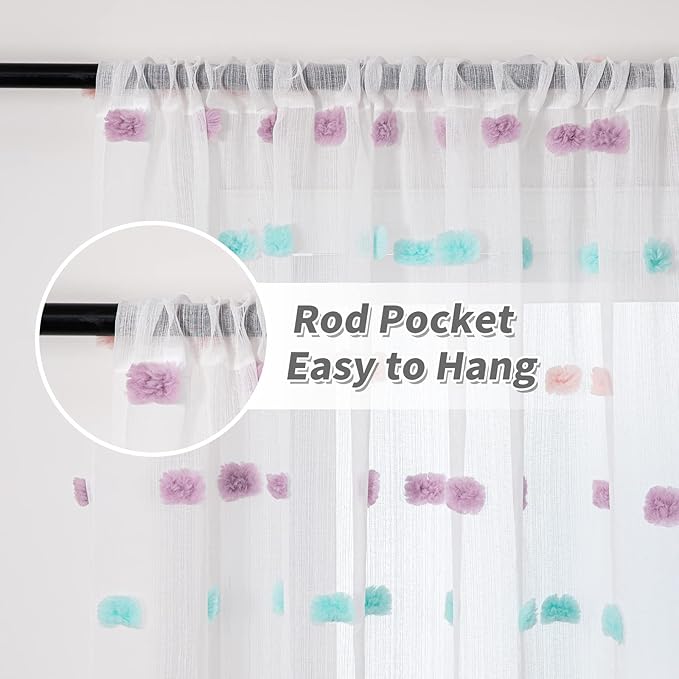 MYSKY HOME 95 Inch Curtains 2 Panels Living Room Rainbow Pom Pom Curtains for Bedroom Sliding Door Semi Sheer Boho Curtains Backdrops Dining Room Windows Drapes Rod Pocket 52 x 95 inch
