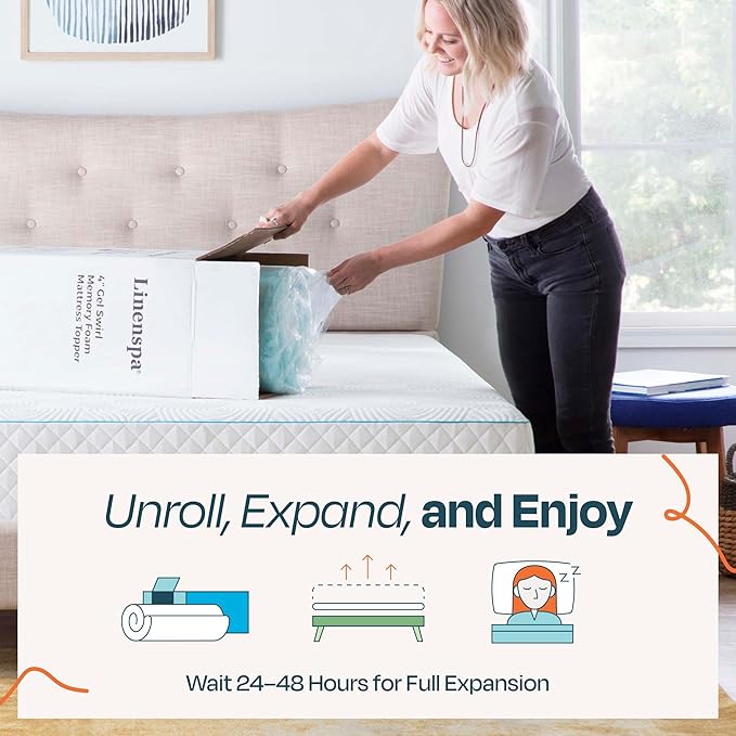 Linenspa 3 Inch Gel Swirl Memory Foam Mattress Topper – Cooling Gel Infused – Pressure Relieving Bed Topper - Mattress Pad – CertiPUR Certified - Queen Size