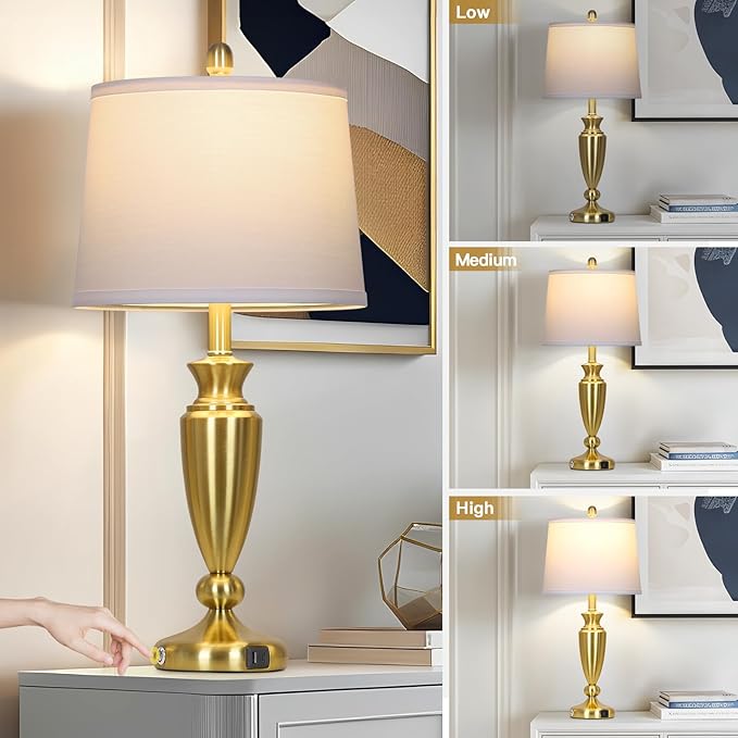27" Gold Table Lamp Single, Touch Control Modern Bedroom Lamp with USB A+C Ports, 3-Way Metal Bedside Lamp, Elegant Brass Table Lamp for Night Stand Desk Side Table Office (Bulb Inclued)