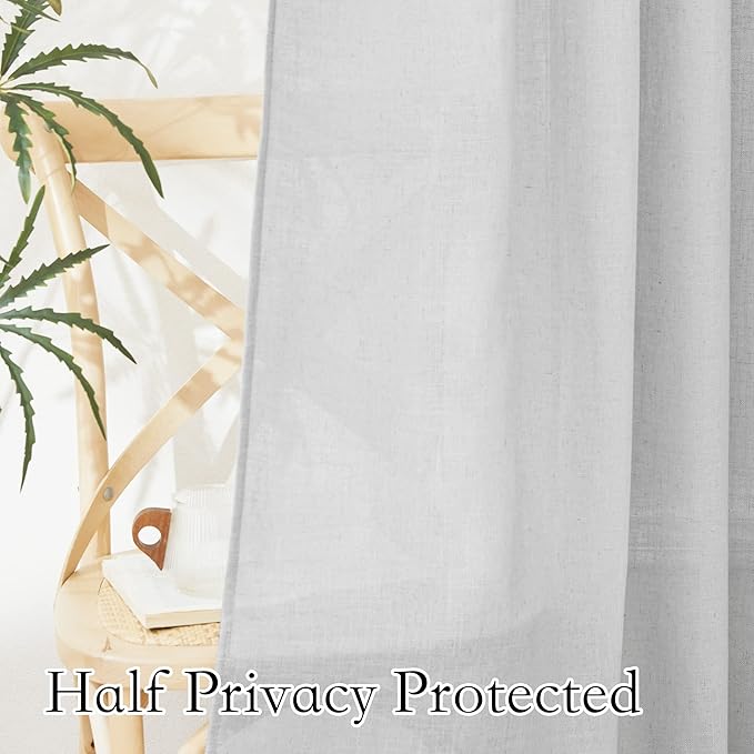 RYB HOME Linen Sheer Curtains 63 inch Length 2 Panels, Privacy Semi Sheer Curtains Light Glare Filtering Country Rustic Drapes for Farmhouse Bedroom, Living Room Decor, 52" W x 63" L, Dove Grey