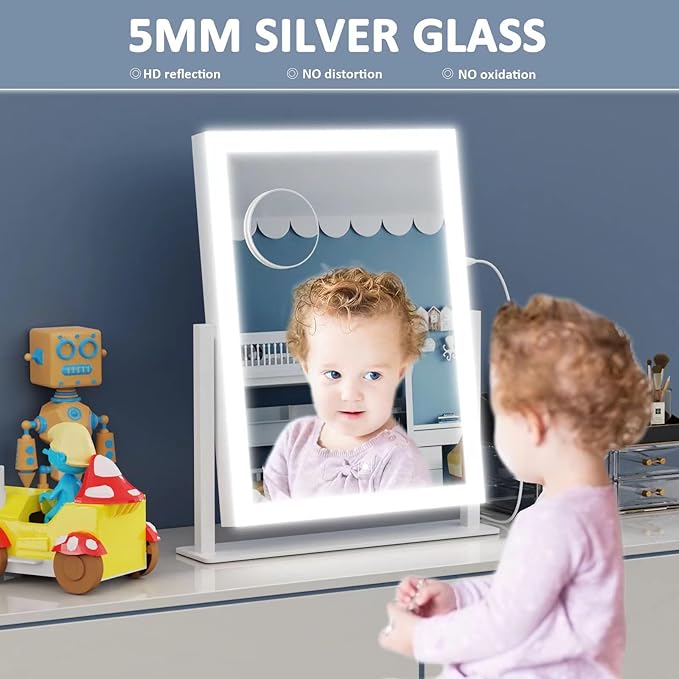 15.2" Lighted Makeup Mirror Hollywood Vanity Mirror with Lights, Three Color Modes,Detachable 10X Magnification Mirror, Smart Touch Control, 360°Rotation White