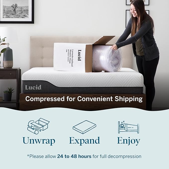 LUCID 4 Inch Lavender Infused Memory Foam Mattress Topper, Twin Size – Ventilated Design – Pressure Relieving Bed Topper - Mattress Pad – CertiPur Certified