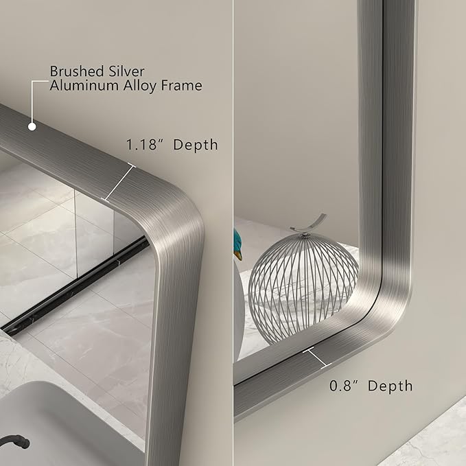 40x30 Silver Brushed Bathroom Mirror for Wall, Brushed Metal Framed Bathroom Vanity Mirror, Modern Rectangle Mirror, Rounded Corners, Shatterproof (Horizontal/Vertical)