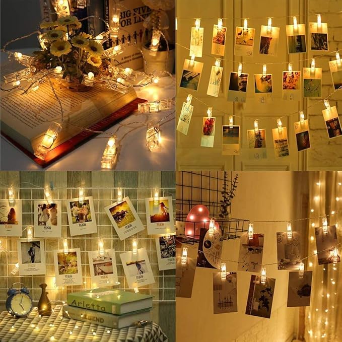 Dopheuor LED Photo Clip Copper String Lights Starry Fairy Warm White Lights Battery Powered for Hang Pictures Cards Bedroom Wall Decorations Christmas Patio Halloween Thanksgiving Wedding Party Décor
