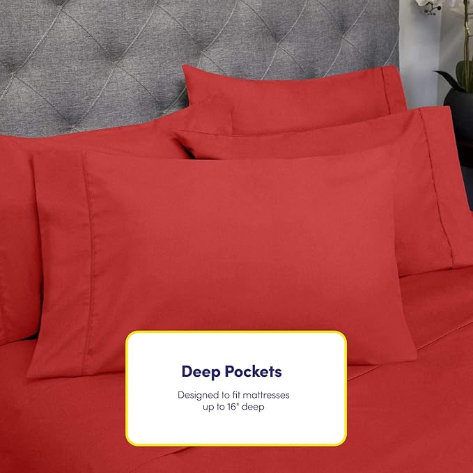 Queen Sheets Red - 6 Piece 1500 Supreme Collection Fine Brushed Microfiber Deep Pocket Queen Sheet Set Bedding - 2 Extra Pillow Cases, Great Value, Queen, Samba Red