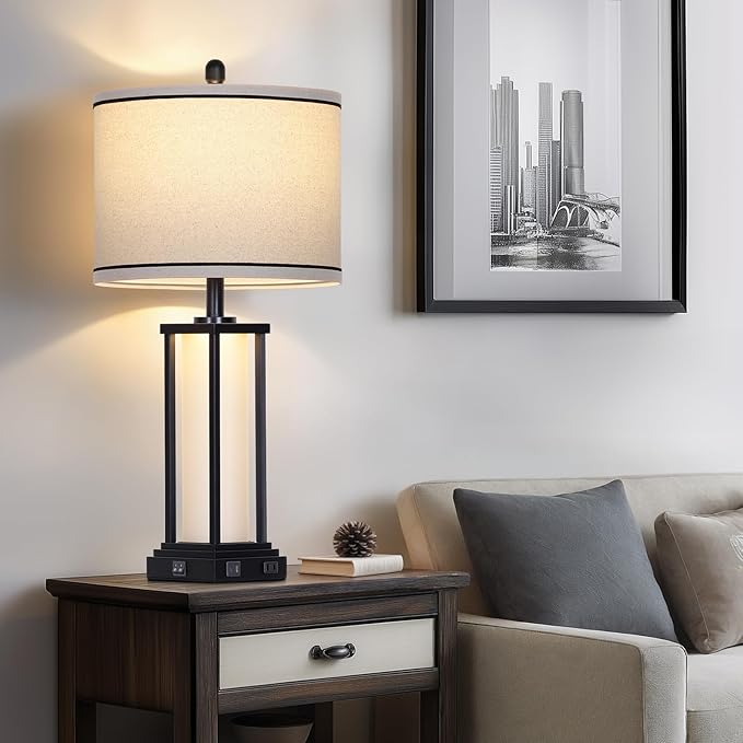 27" Tall Vintage Table Lamp with USB C+A & Outlet,Black Industrial End Table Lamp for Living Room,Farmhouse Rustic Bedside Lamp with Frosted Glass Night Light for Bedroom Nightstand,Black-1P