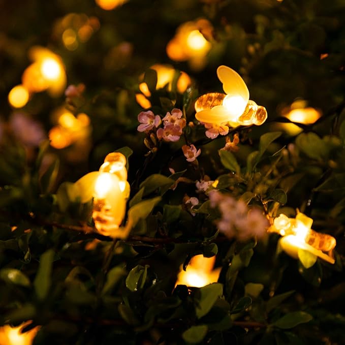 Solar Bee String Lights Outdoor 31FT 50 LED Honeybee Fairy Lights with 8 Lighting Modes, Waterproof Solar Bumble Bee for Patio Yard Garden Grass Wedding Christmas Party Decor, Warm White