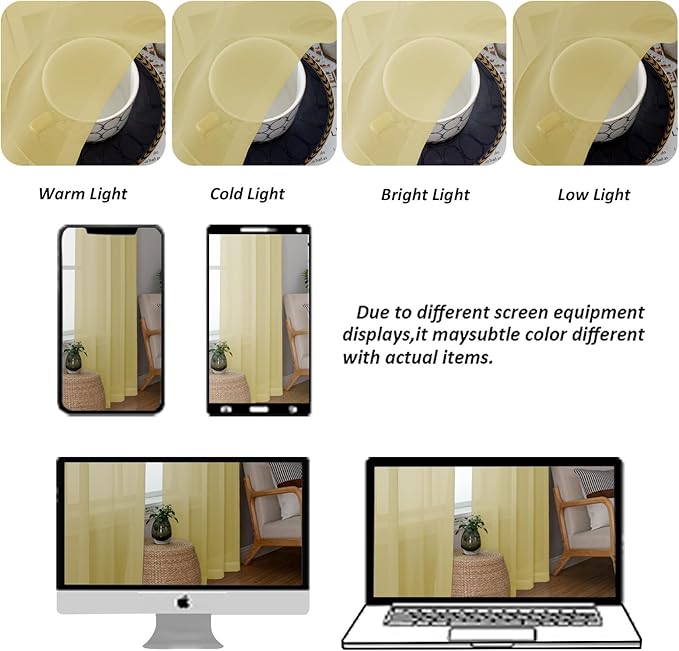 Chyhomenyc Mustard Yellow Sheer Curtains 84 Inch Length 2 Panels, Light Filtering Soft Airy Voile Rod Pocket Sheer Window Drapes for Bedroom Living Room, Each 42Wx84L Inches