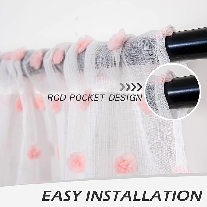 MYSKY HOME 95 Inch Length Pink Pom Pom Sheer Curtains for Bedroom & Living Room - Large Sliding Door Curtains - Light Filtering - Rod Pocket - 52 x 95 in - 2 Panels