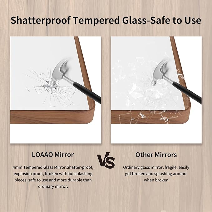 LOAAO 55X30 Inch Bathroom Mirror with Wood Grain Colored Metal Frame, Rounded Rectangle Metal Framed Bathroom Mirror, Anti-Rust, Hangs Horizontally or Vertically, Tempered Glass