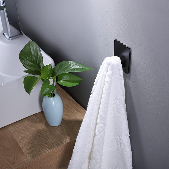 DELITON Adhesive Hooks - 4 Pack Towel/Coat Hooks Wall Hook Stick on Bathroom or Kitchen (Matte Black, Stainless Steel)