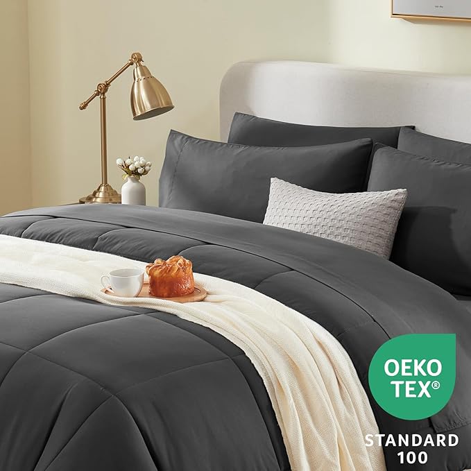CozyLux California King Comforter Sets Dark Grey, 7 Pieces Cal King Bed in a Bag, All Season Bedding Sets with Stitch Quilted Comforter, Flat Sheet, Fitted Sheet, Pillowcases