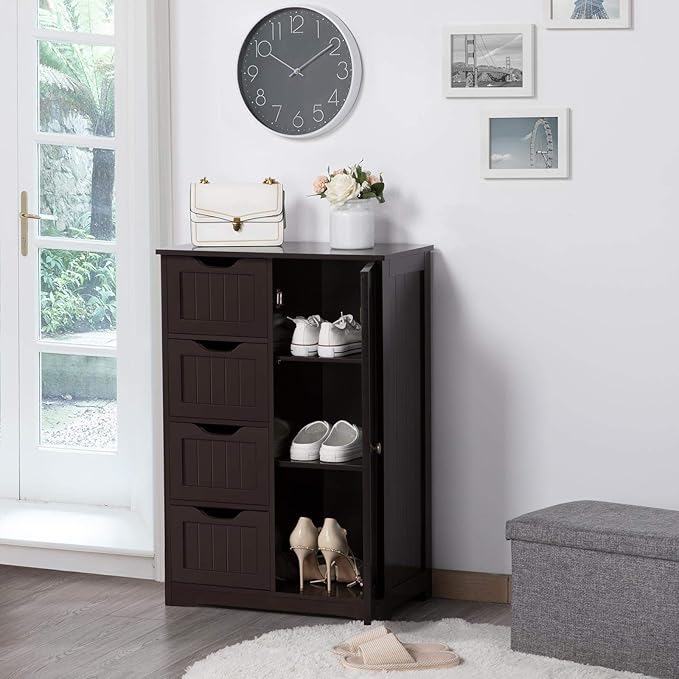Yaheetech Wooden Bathroom Floor Cabinet, Side Storage Organizer Cabinet with 4 Drawers and 1 Cupboard, Freestanding Entryway Storage Unit Console Table, Home Decor Furniture, Brown