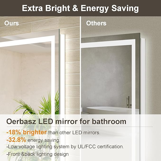 48x28 LED Bathroom Mirror with Lights, Brighter Backlit + Front Lit, Tempered Glass, Dimmable, Multiple Light Modes, Anti-Fog Lighted Bathroom Vanity Mirror for Wall, Memory Function