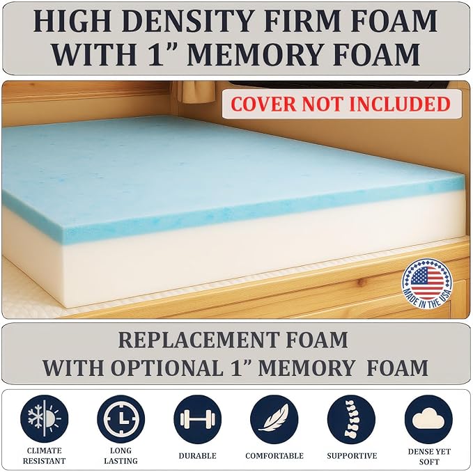 Foamma 7” x 30” x 80” Camper/RV Travel Gel Memory Foam Bunk Mattress Replacement, Made in USA, Comfortable, Travel Trailer, CertiPUR-US Certified, Cover Not Included