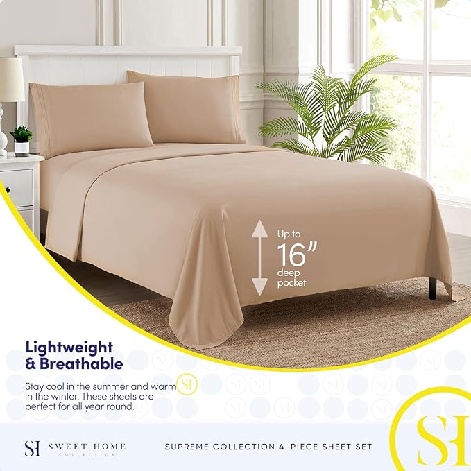 Twin XL Sheets - Breathable Luxury Sheets with Full Elastic & Secure Corner Straps Built In - 1800 Supreme Collection Extra Soft Deep Pocket Bedding Set, Sheet Set, Twin XL, Taupe