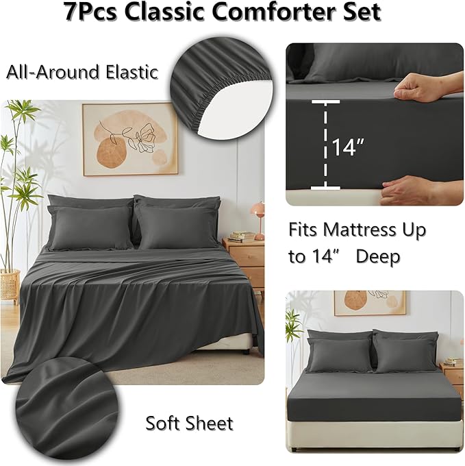 CozyLux Full Size Comforter Sets Dark Grey - 7 Pieces Bed in a Bag Full, Luxury Soft Bed Set for All Seasons, Bedding Set with Down Alternative Comforter, Sheets, Pillowcases & Shams
