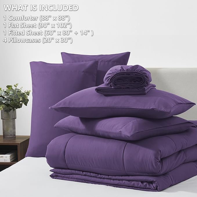CozyLux Queen Comforter Set Purple, 7 Pieces Bed in a Bag, Purple Comforter Queen Size, All Season Bedding Sets with Stitch Quilted Comforter, Flat Sheet, Fitted Sheet, Pillowcases
