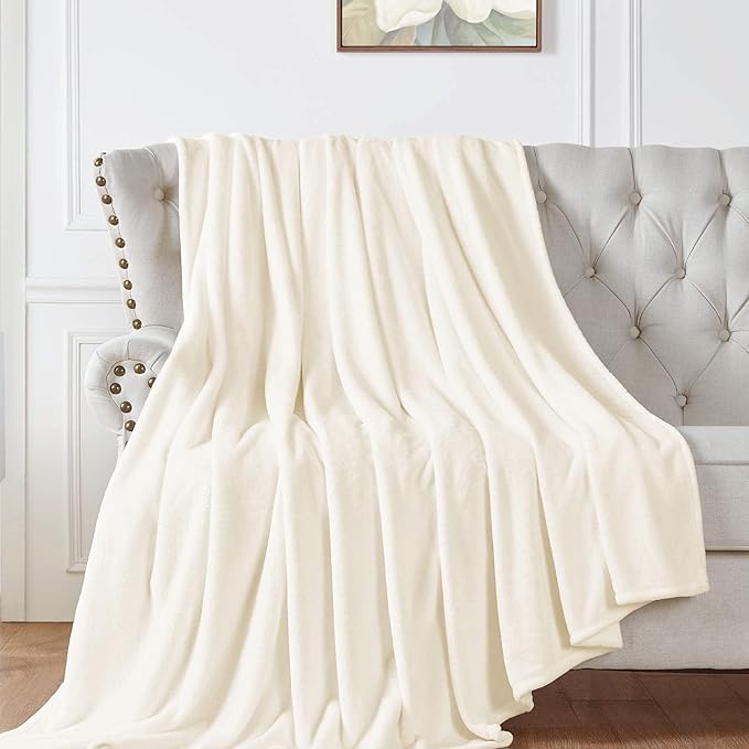 Walensee Fleece Blanket Plush Throw Fuzzy Lightweight (Queen Size 90x90 Cream) Super Soft Microfiber Flannel Blankets for Couch, Bed, Sofa Ultra Luxurious Warm and Cozy for All Seasons