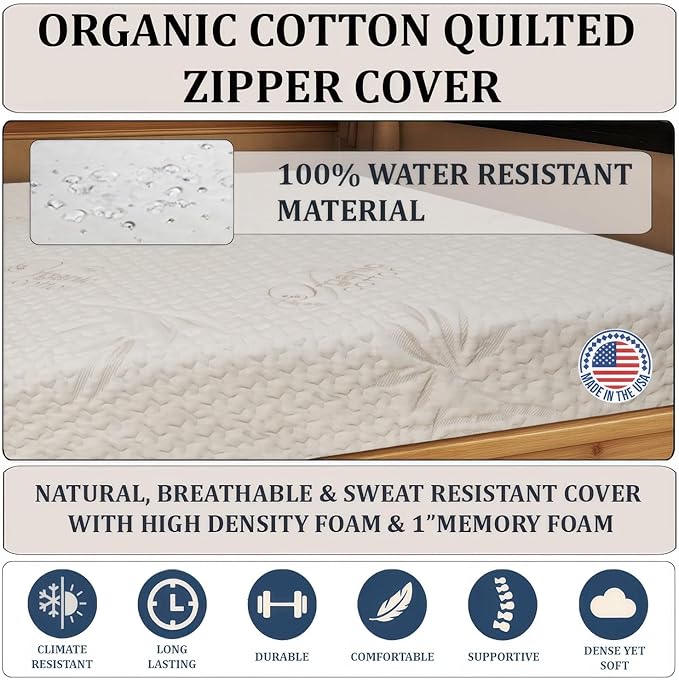 Foamma 10" x 48" x 80" Gel Memory Foam Mattress for RV with Water Resistant Organic Cotton Cover, Firm High Density Foam Base, USA Made, CertiPUR-US Certified Foam