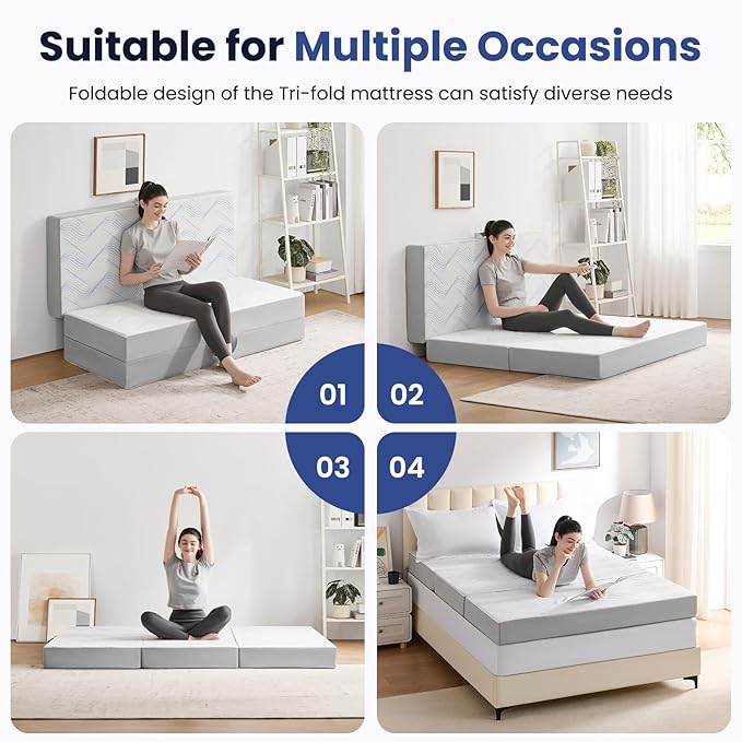 Foldable Mattress Full 3 inch -Portable White Memory Foam Folding Matress with Washable Cover for Camping Travel Guest Room Home Use-Non-Slip&Easy Storage