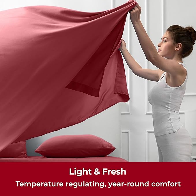 Mellanni Split King Sheets Set - 5 PC Iconic Collection Bedding - Hotel Luxury, Extra Soft, Cooling Bed Sheets - Wrinkle, Fade, Stain Resistant (Split King, Brick Red)