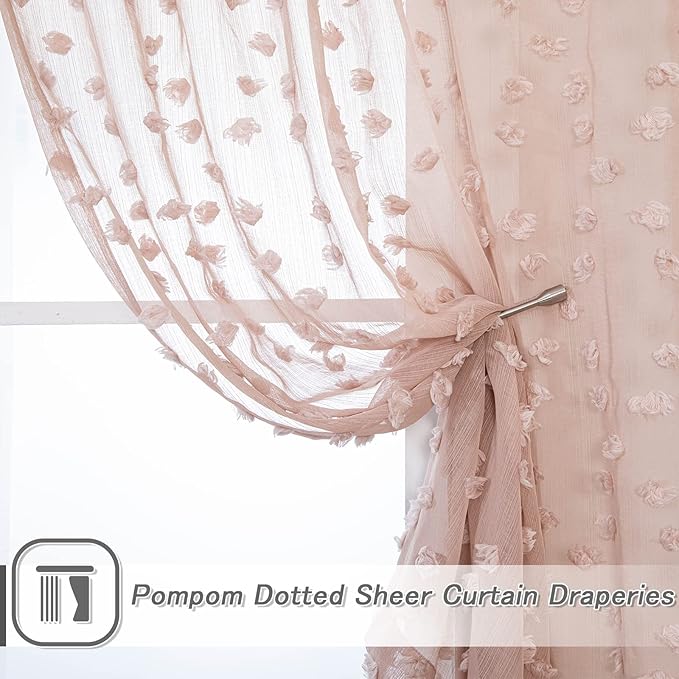 MYSKY HOME Pom Pom Pink Sheer Curtains for Bedroom Girls Room Dusty Rose Curtains 63 inch Length for Nursery Kids Light Filtering Boho Window Drapes, Rod Pocket, 52" Wide, 2 Panels