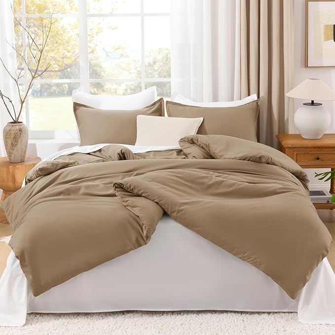 Litanika Comforters Taupe Super King Plus Size, 3 Pieces Lightweight Solid Bedding Set & Collections, All Season Fluffy Bed Set (128x120In Comforter & 2 Pillowcases)