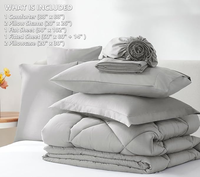 CozyLux Queen Comforter Set Light Grey - Bed in a Bag Queen Size 7 Pieces, Luxury Soft Bed Set for All Seasons, Bedding Set with Down Alternative Comforter, Sheets, Pillowcases & Shams