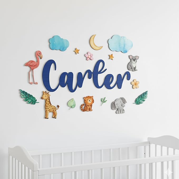 Custom Nursery Name Sign with Themed Decor Kit | Personalized Wooden Wall Art for Baby, Kids Room | Space, Jungle, Circus, Under The Sea, Woodland, Rainbow (20", Jungle/Safari)