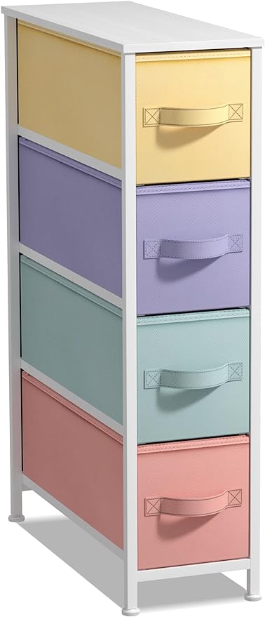 Sorbus Kids Narrow Dresser with 4 Drawers - Vertical Slim Storage Chest of Drawers with Steel Frame, Wood Top & Easy Pull Fabric Bins for Small Spaces, Closets, Bedroom, Bathroom & Laundry