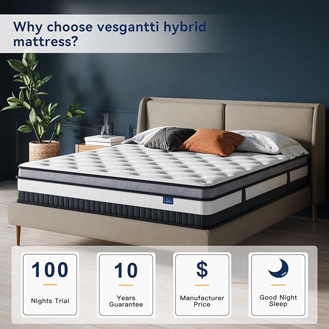Vesgantti Queen Mattress 10 Inch Innerspring Multilayer Hybrid Queen Mattress - Ergonomic Design with Memory Foam and Pocket Spring Mattresses Queen Size - Box Top Series Medium Firm Feel